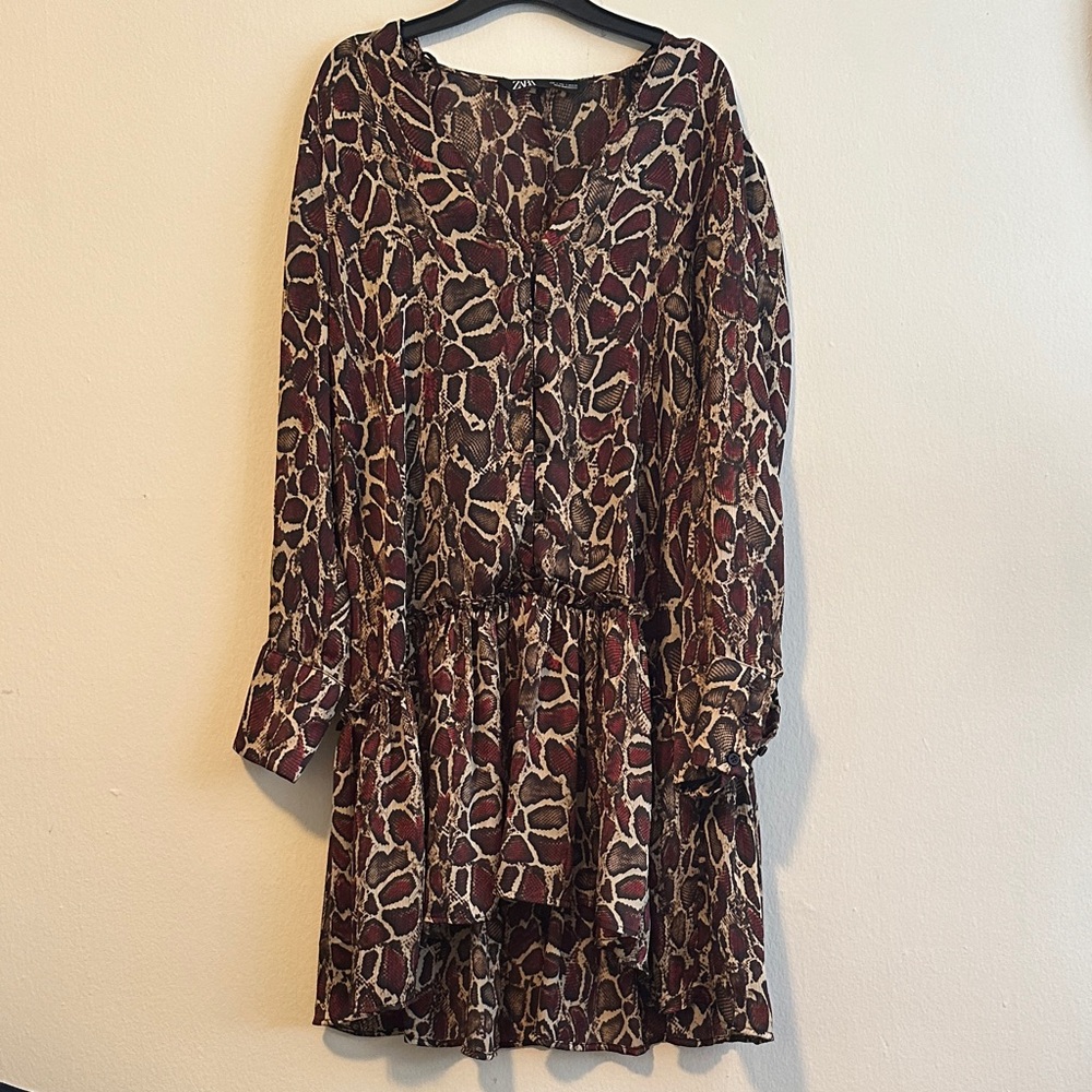 Zara Long Sleeve Animal Print Dress - Brown and Cream